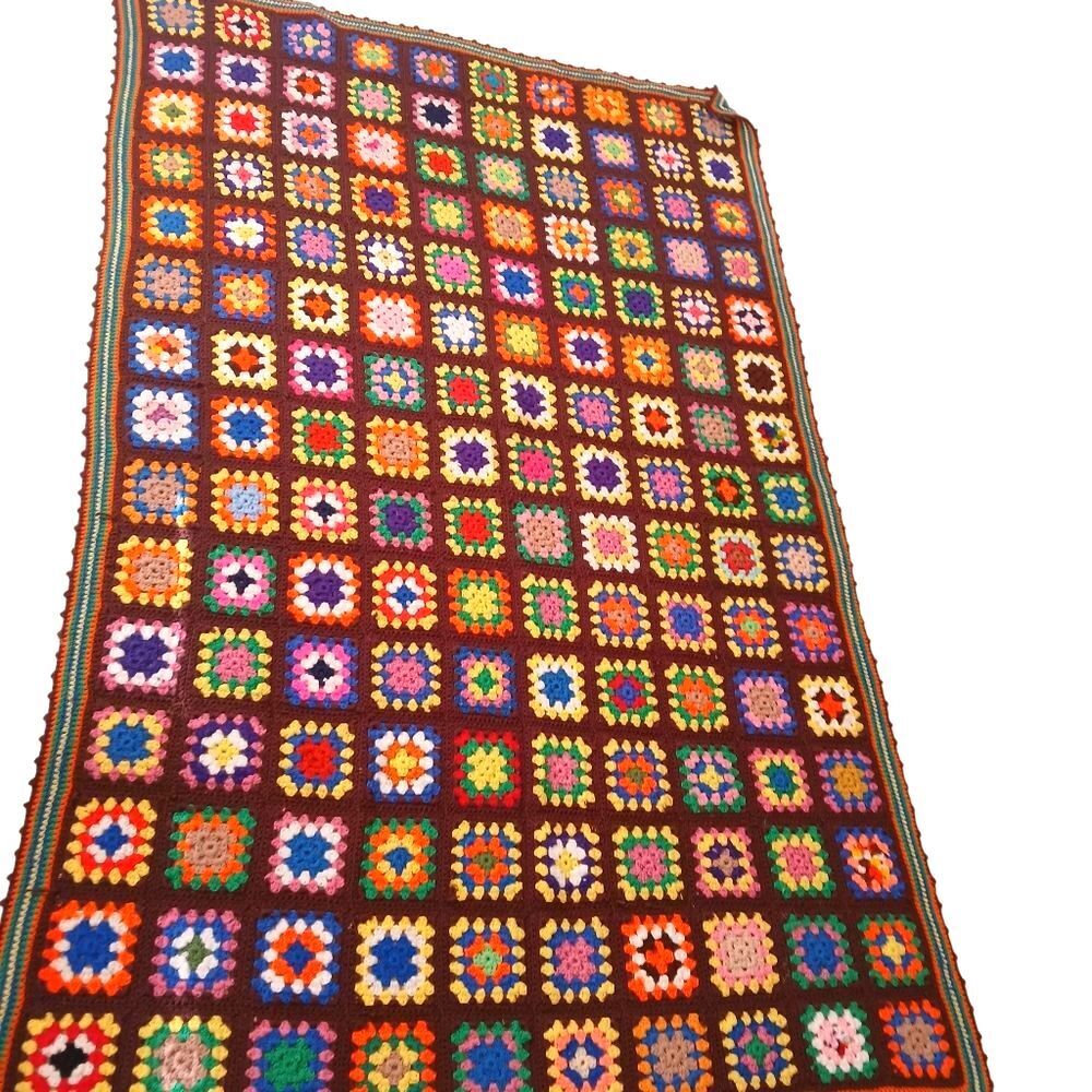 Vintage 70's Handmade Blanket Granny Square Farmhouse Multi-Color Crochet Unique